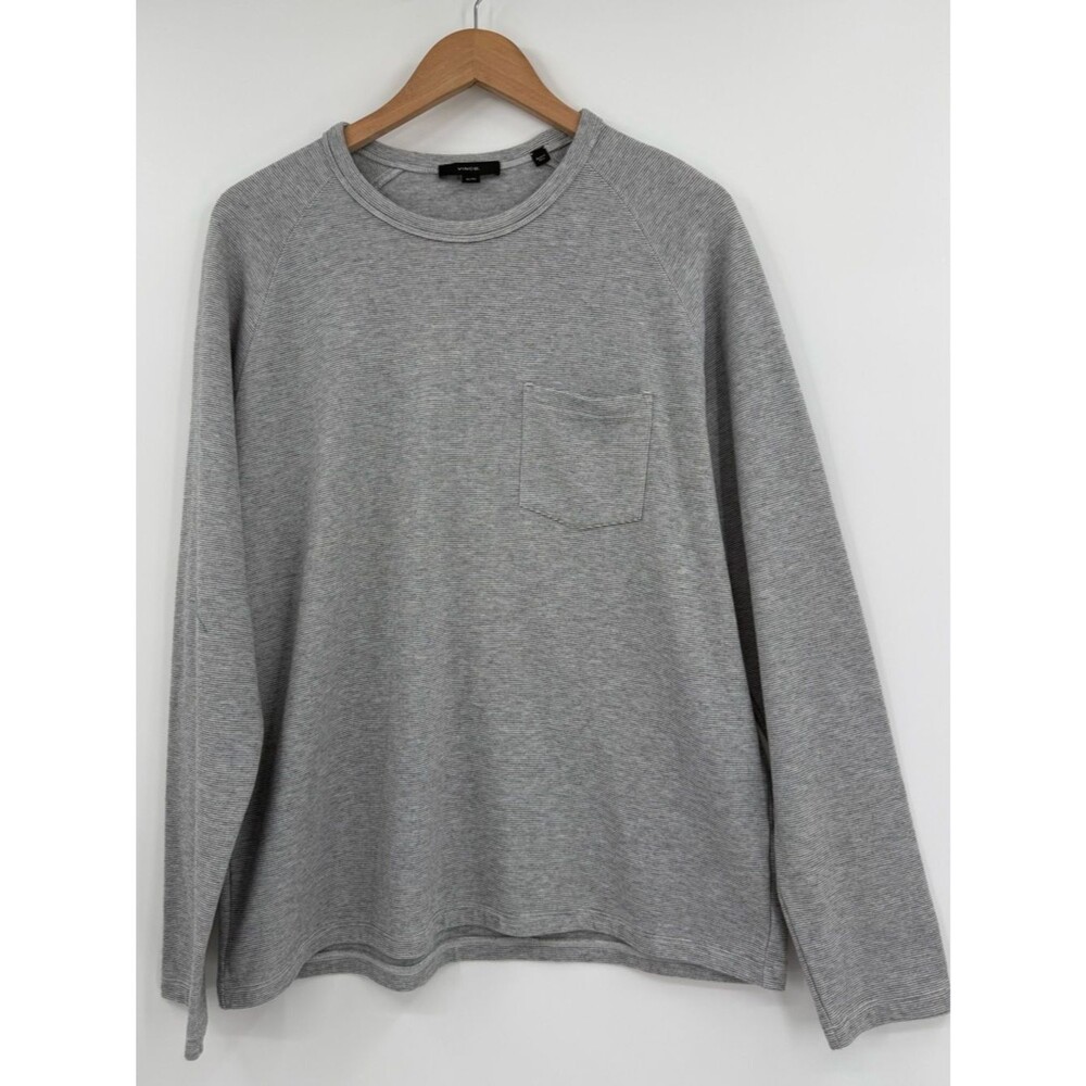 Vince Men's Striped Raglan Crew Neck Pocket Long Sleeve | Grey/White Stripe | XL